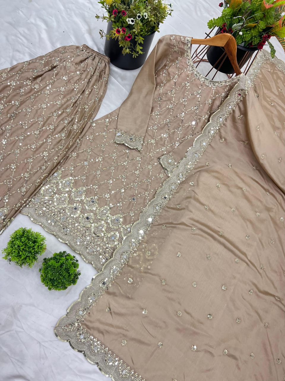 Champagne Chinnon Silk Sharara Set with Mirror & Sequin Handwork