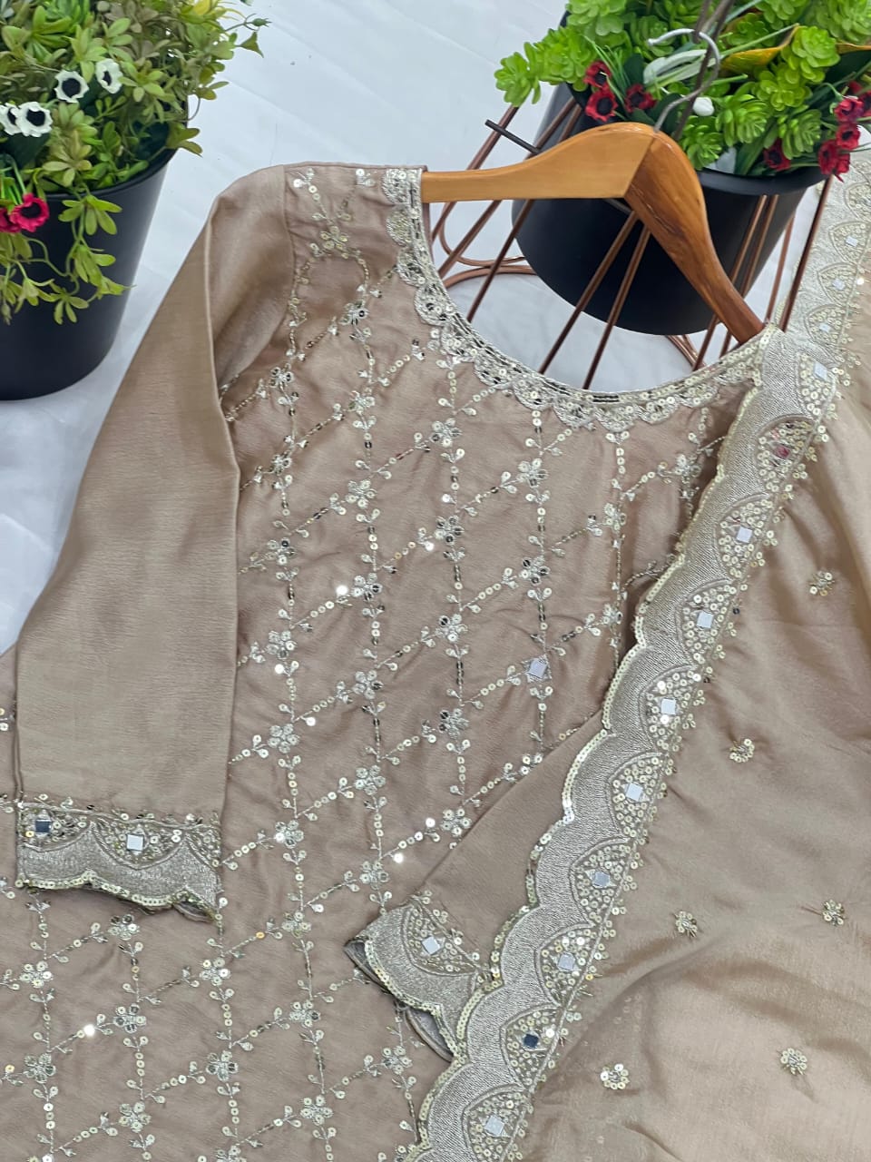 Champagne Chinnon Silk Sharara Set with Mirror & Sequin Handwork