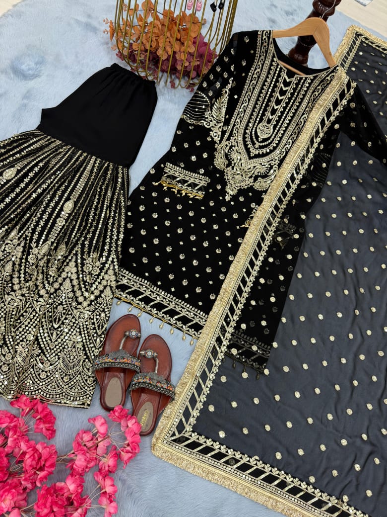 Rust, Black & Pink Faux Georgette Embroidered Palazzo Set