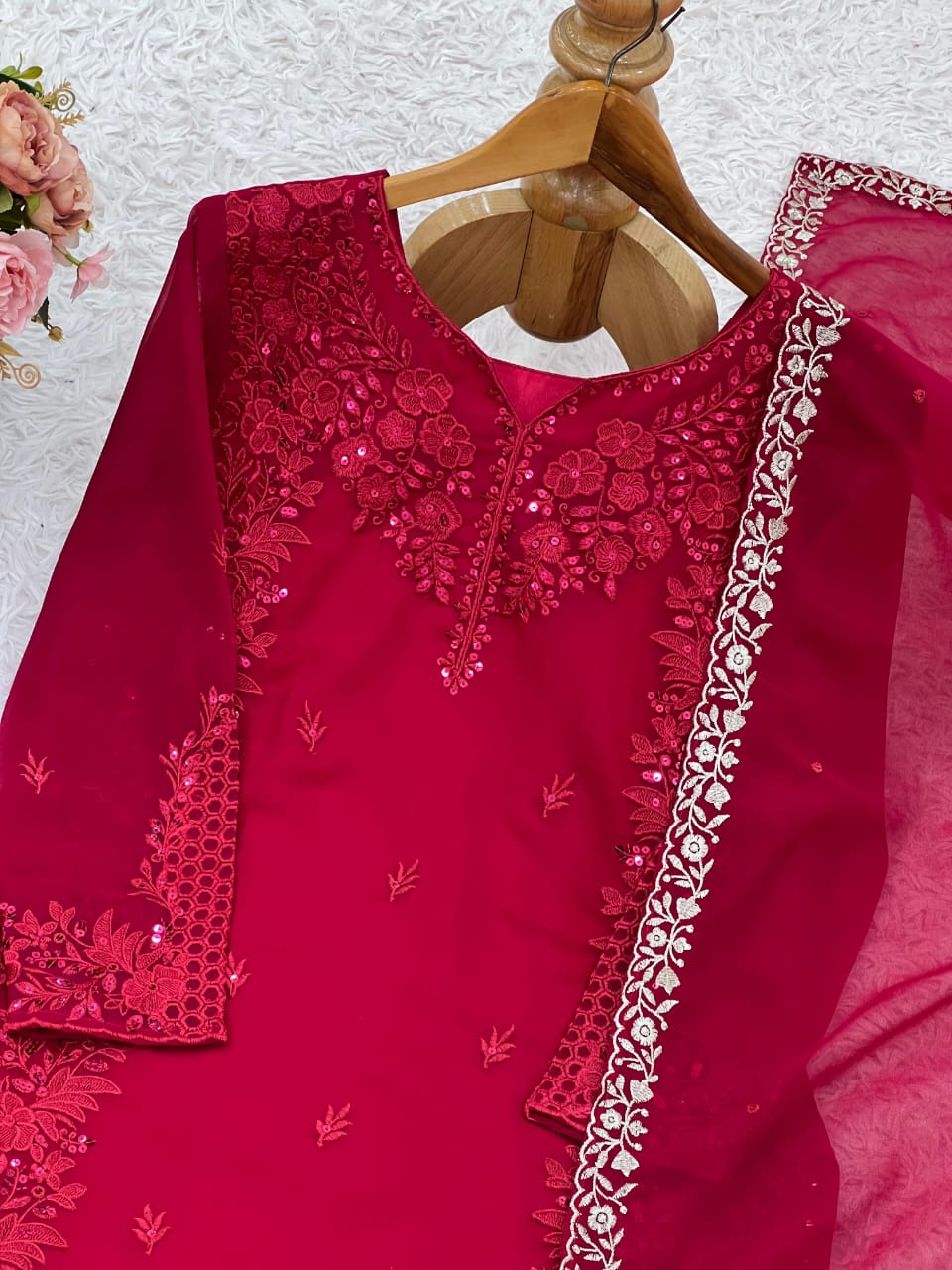 Classy Deep Red Embroidered Co-ord Punjabi Set with Dupatta