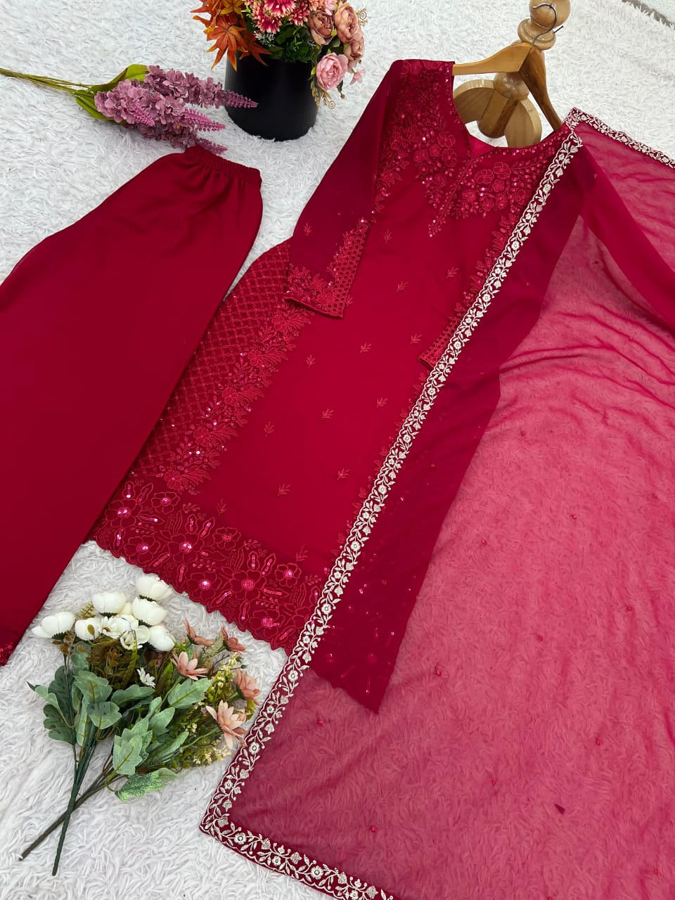 Classy Deep Red Embroidered Co-ord Punjabi Set with Dupatta