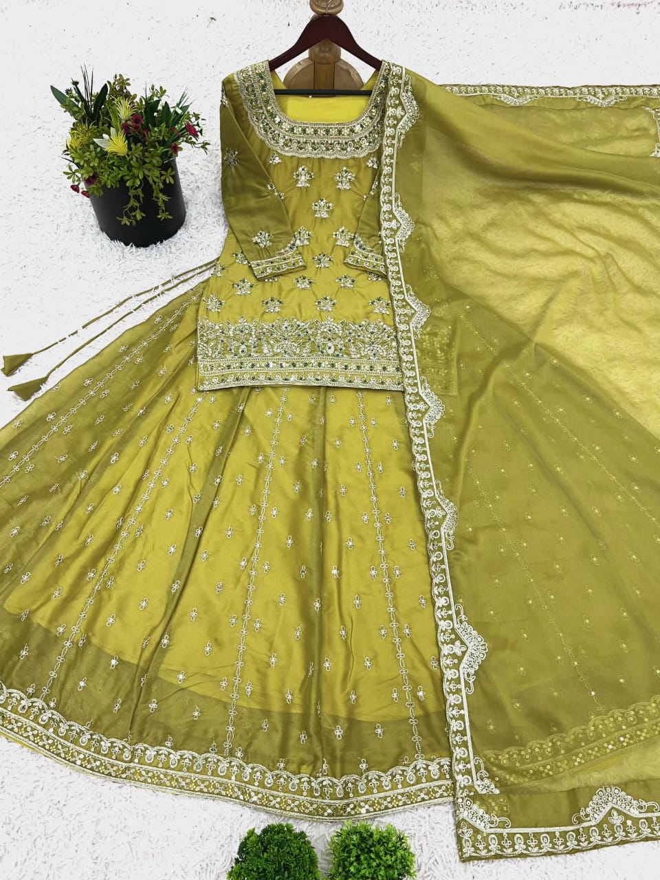 Green or Peach Embroidered Lehenga Set with Modest Top