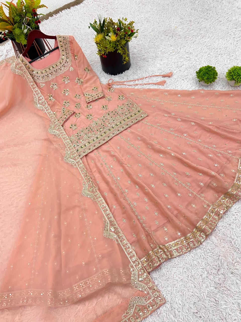 Green or Peach Embroidered Lehenga Set with Modest Top