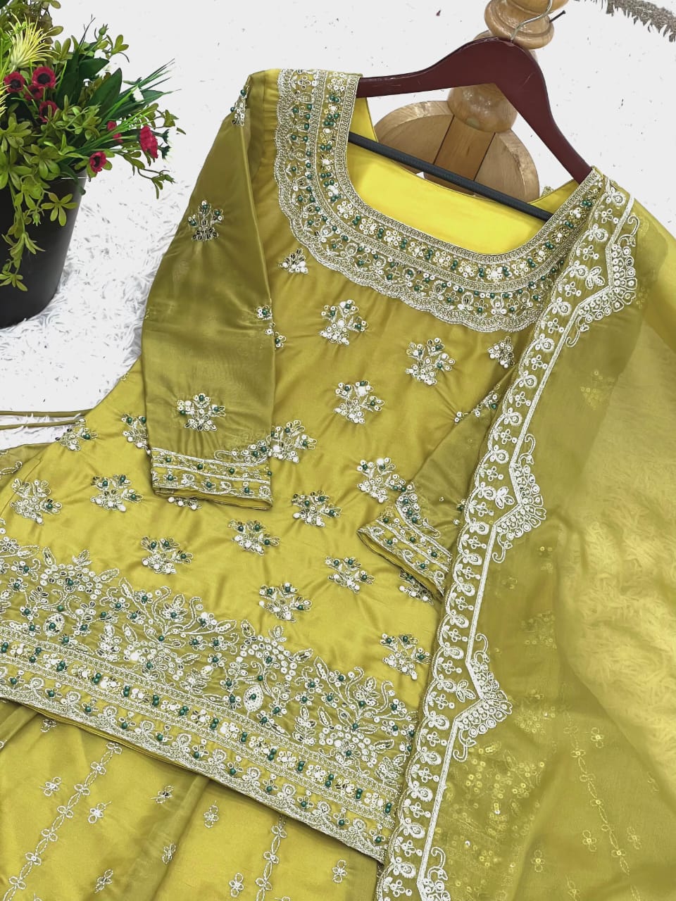 Green or Peach Embroidered Lehenga Set with Modest Top