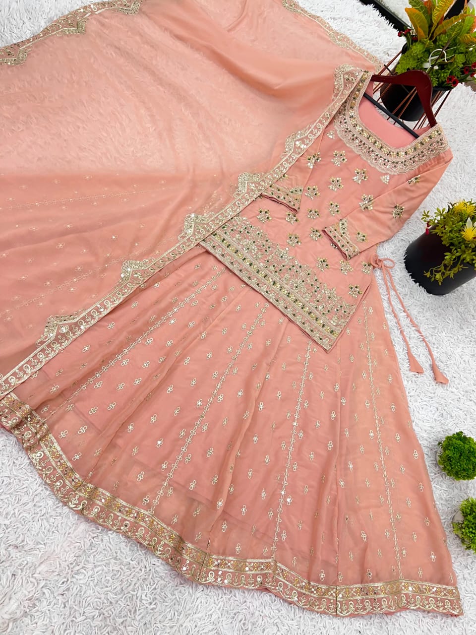 Green or Peach Embroidered Lehenga Set with Modest Top
