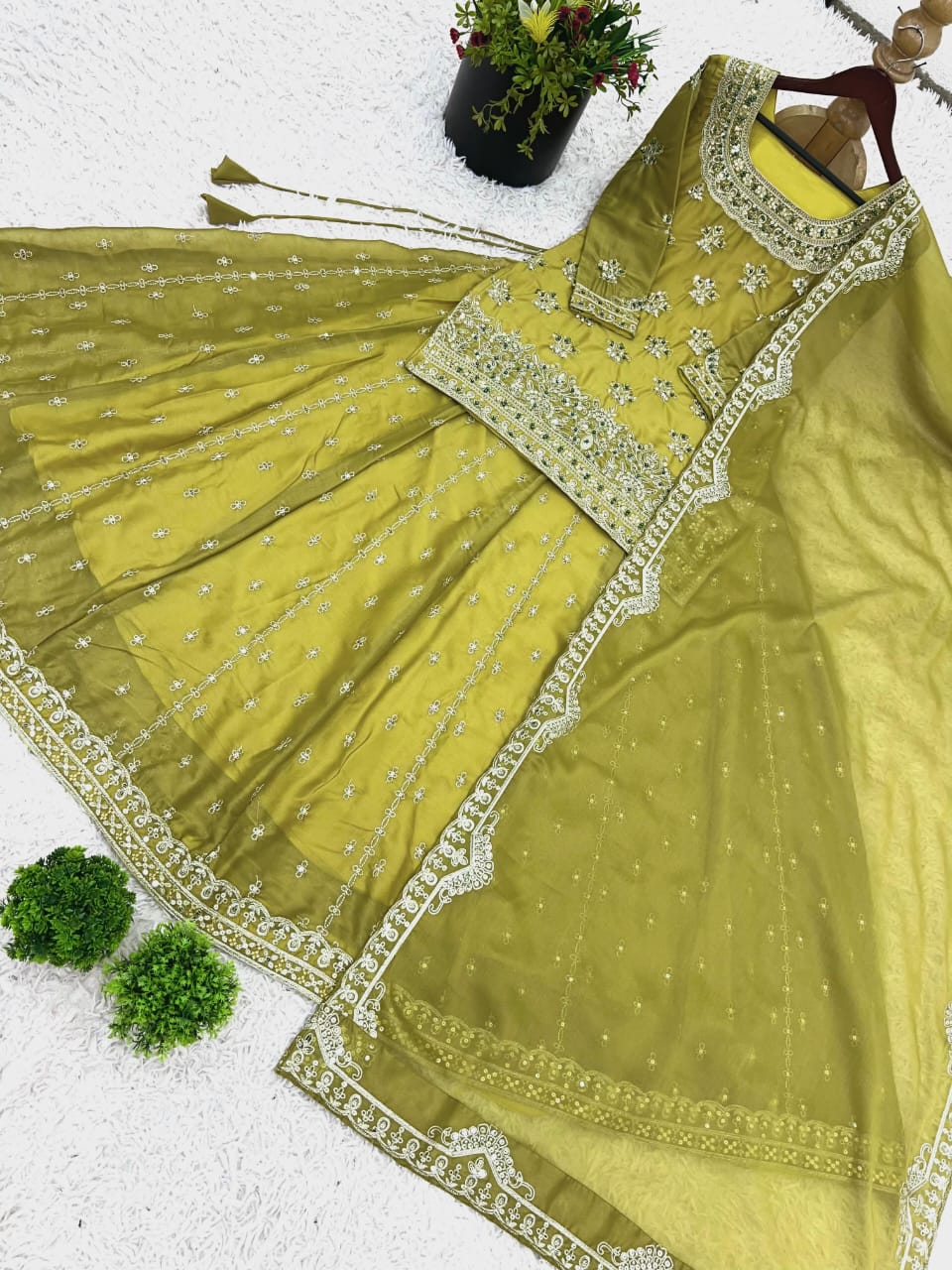 Green or Peach Embroidered Lehenga Set with Modest Top