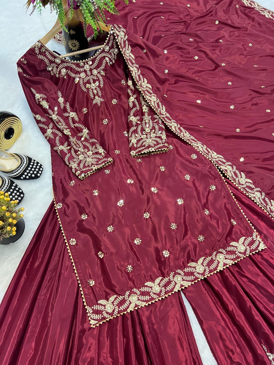 Bright Blue & Maroon Crepe Silk Sharara Set with Moti & Embroidery Work – Fully Stitched