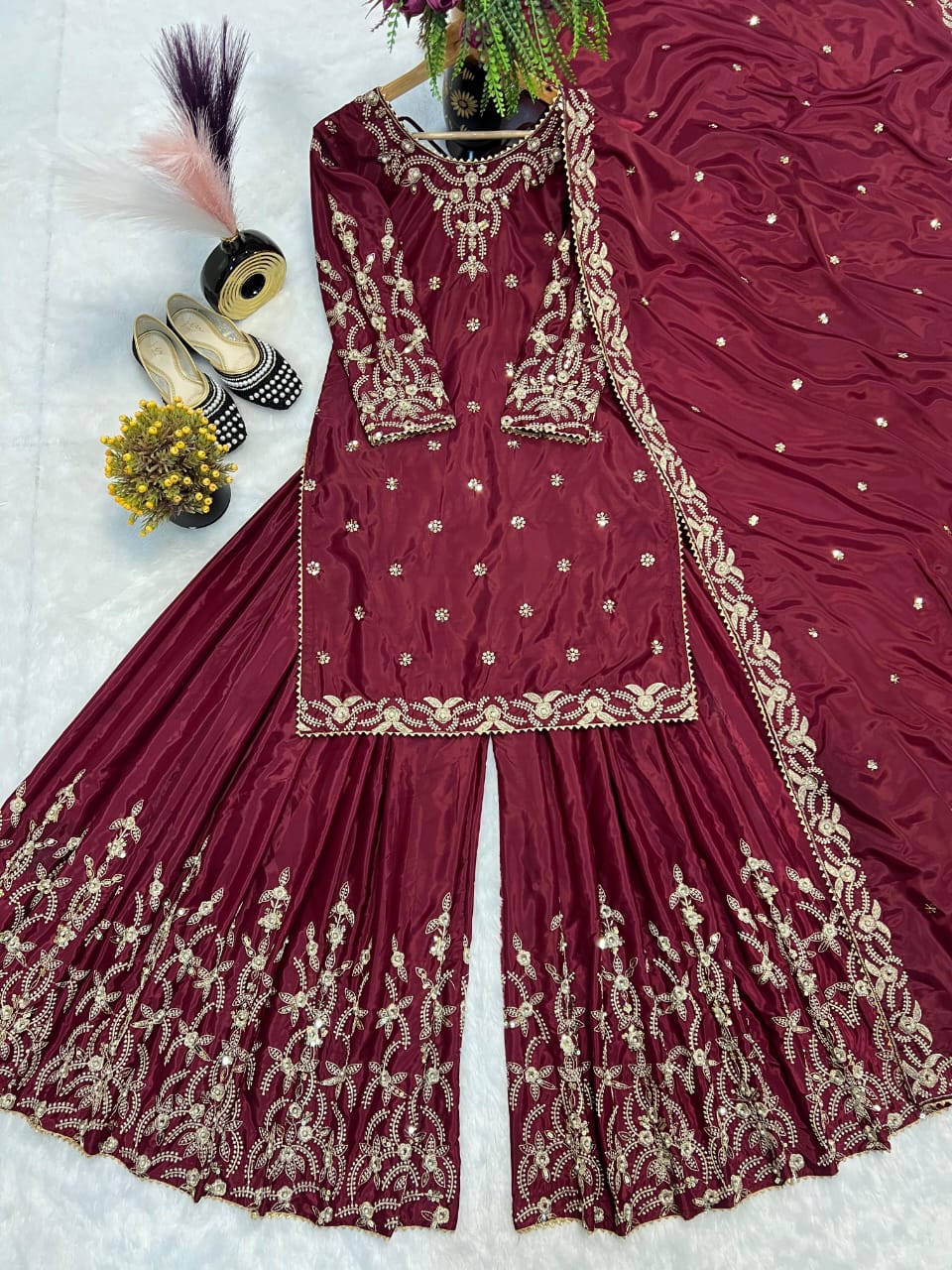 Bright Blue & Maroon Crepe Silk Sharara Set with Moti & Embroidery Work – Fully Stitched