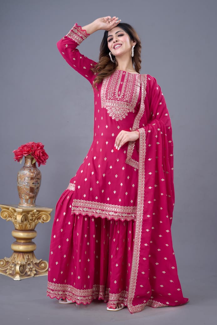 Dark Blue or Pink Chinon Silk Embroidered Sharara Set