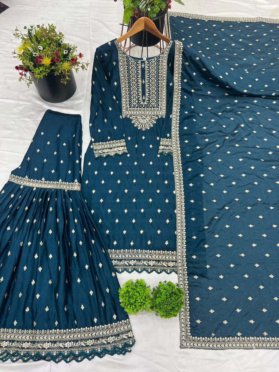Dark Blue or Pink Chinon Silk Embroidered Sharara Set