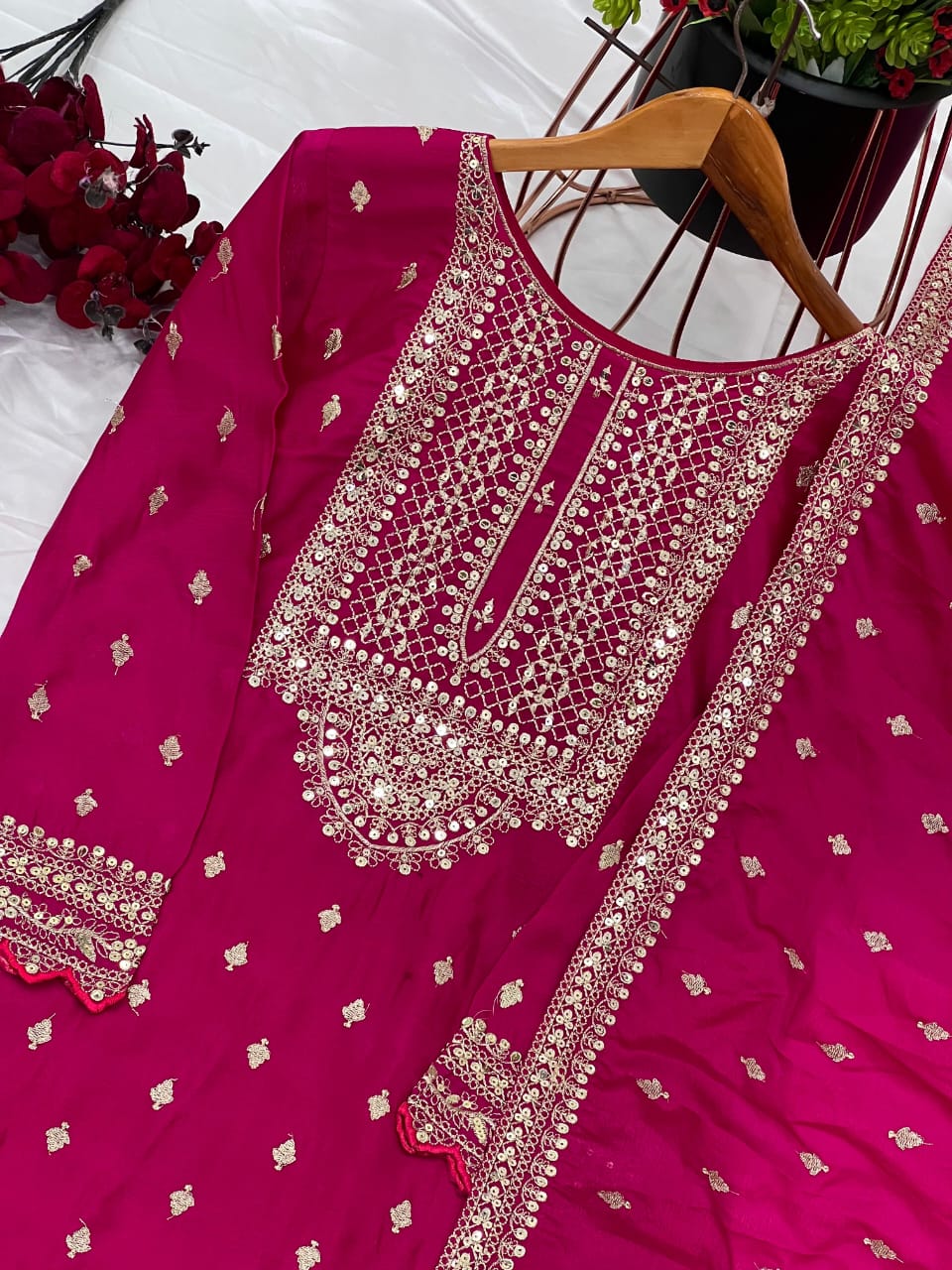 Dark Blue or Pink Chinon Silk Embroidered Sharara Set