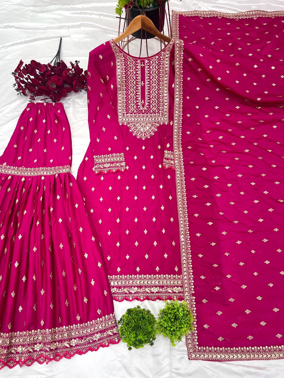 Dark Blue or Pink Chinon Silk Embroidered Sharara Set