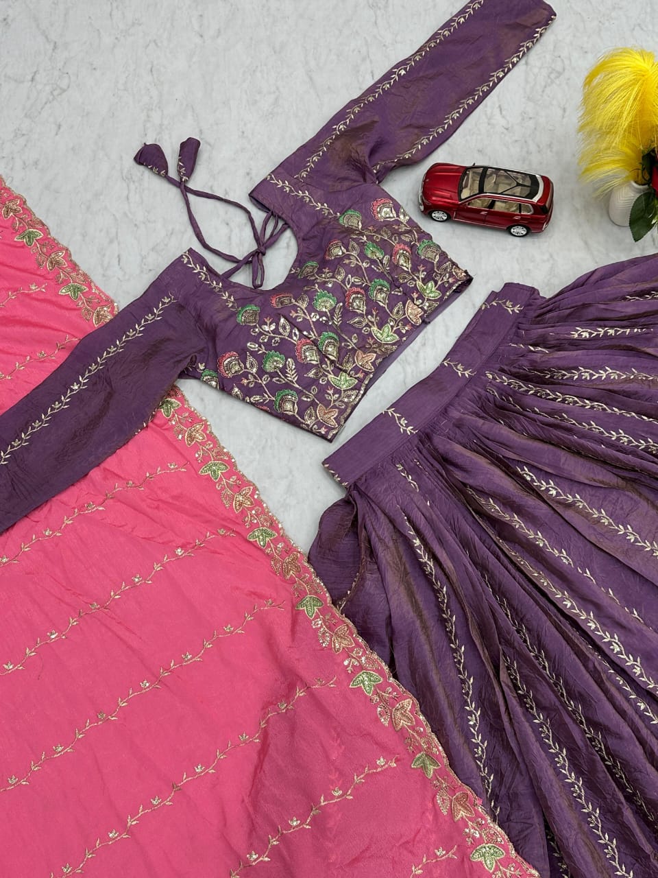 Pink & Purple Gold Crush Embroidered Lehenga Set – Fully Stitched (Sizes S to XXL)