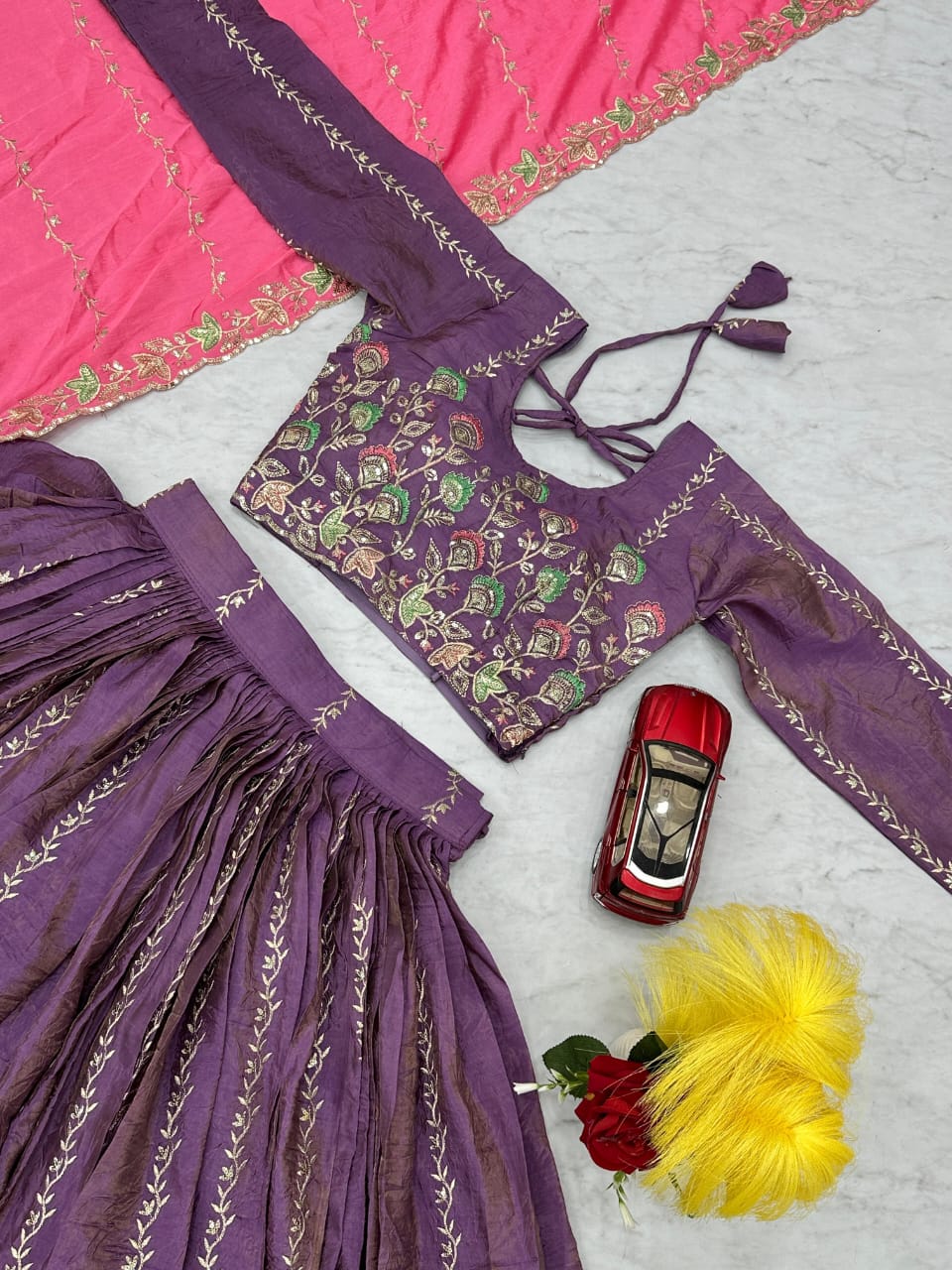 Pink & Purple Gold Crush Embroidered Lehenga Set – Fully Stitched (Sizes S to XXL)
