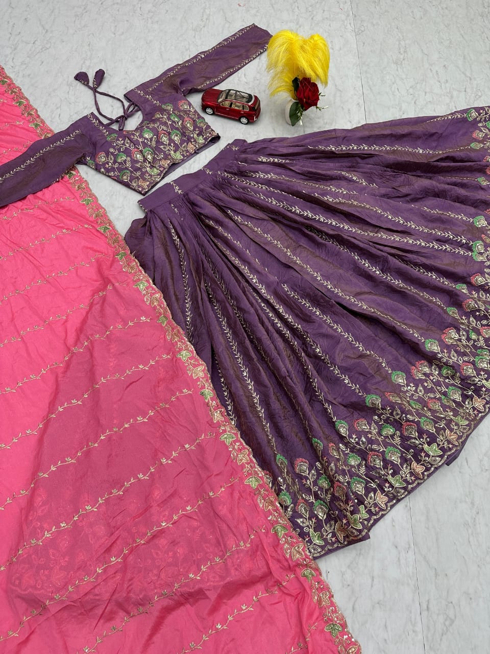 Pink & Purple Gold Crush Embroidered Lehenga Set – Fully Stitched (Sizes S to XXL)