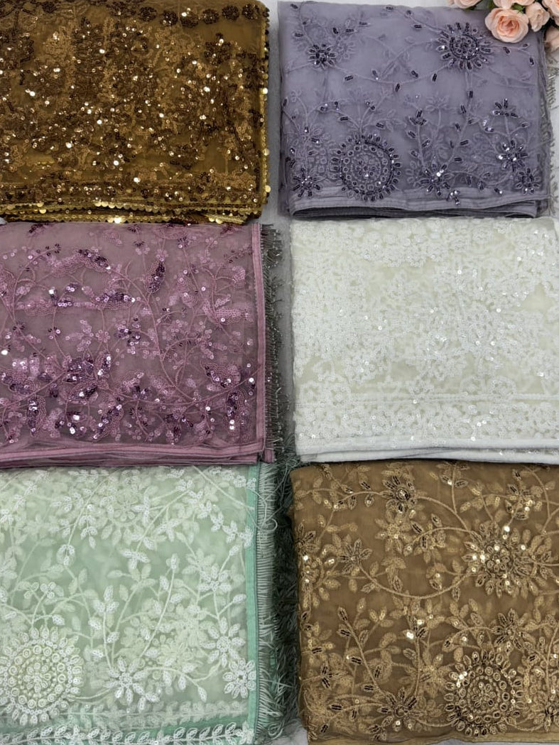Sequin Embroidered Net Saree - Multiple Colour Options