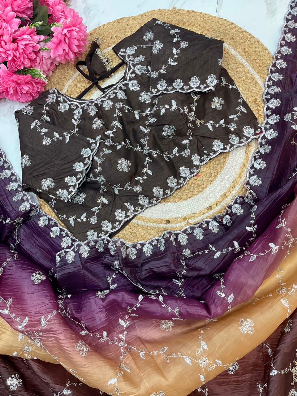Gold-Crush Sequin Embroidered Saree.