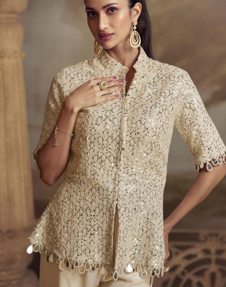 Cream Luxe 2-Piece Embroidered Suit Set with Mirror Stone Work