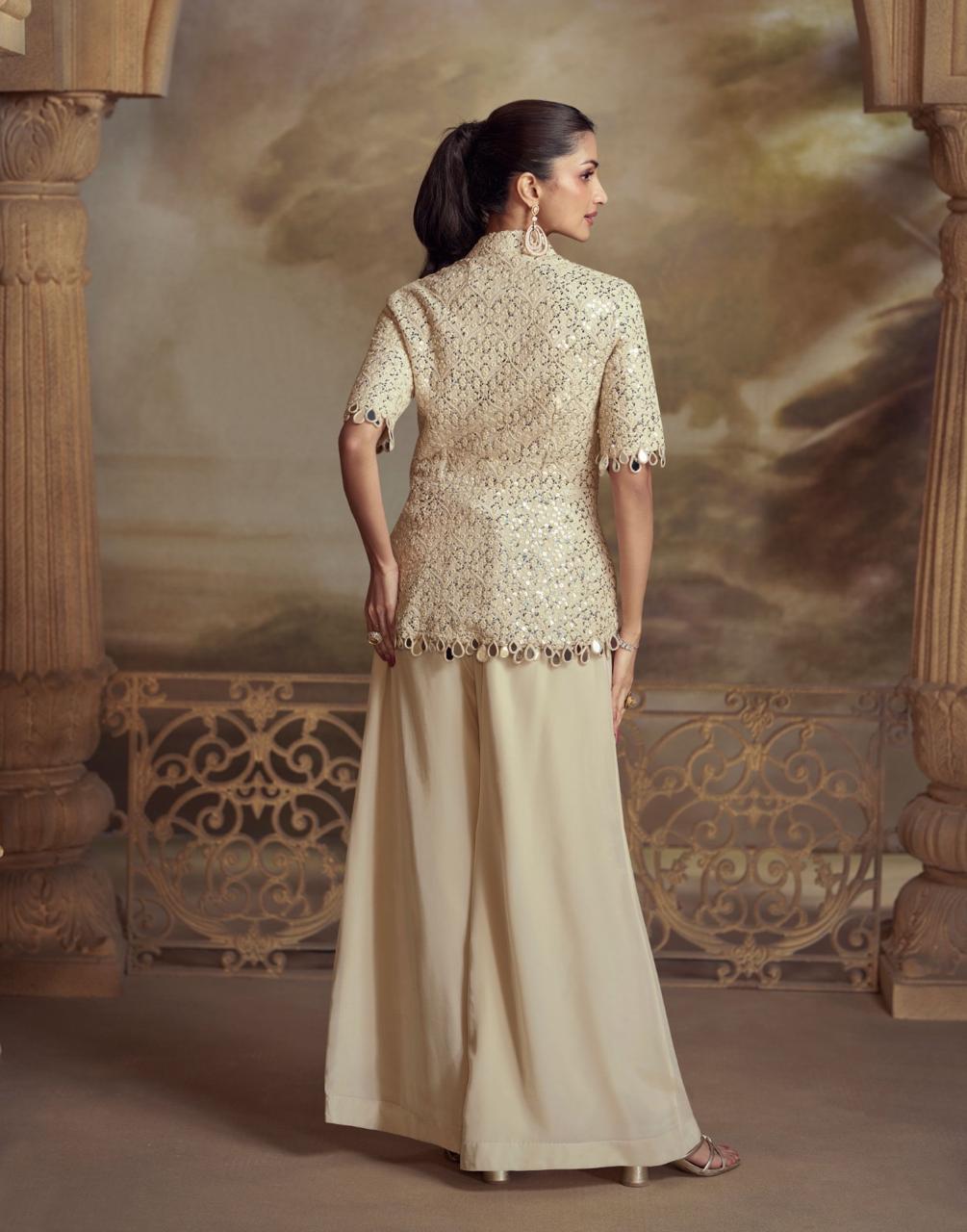 Cream Luxe 2-Piece Embroidered Suit Set with Mirror Stone Work