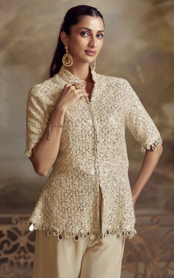 Cream Luxe 2-Piece Embroidered Suit Set with Mirror Stone Work