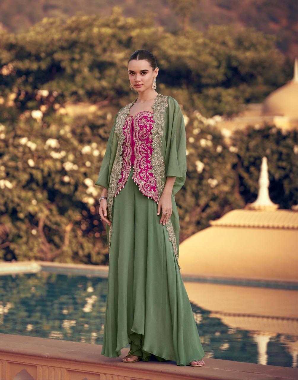 Luxe Silk Co-Ord Set with Embroidered Cape Jacket