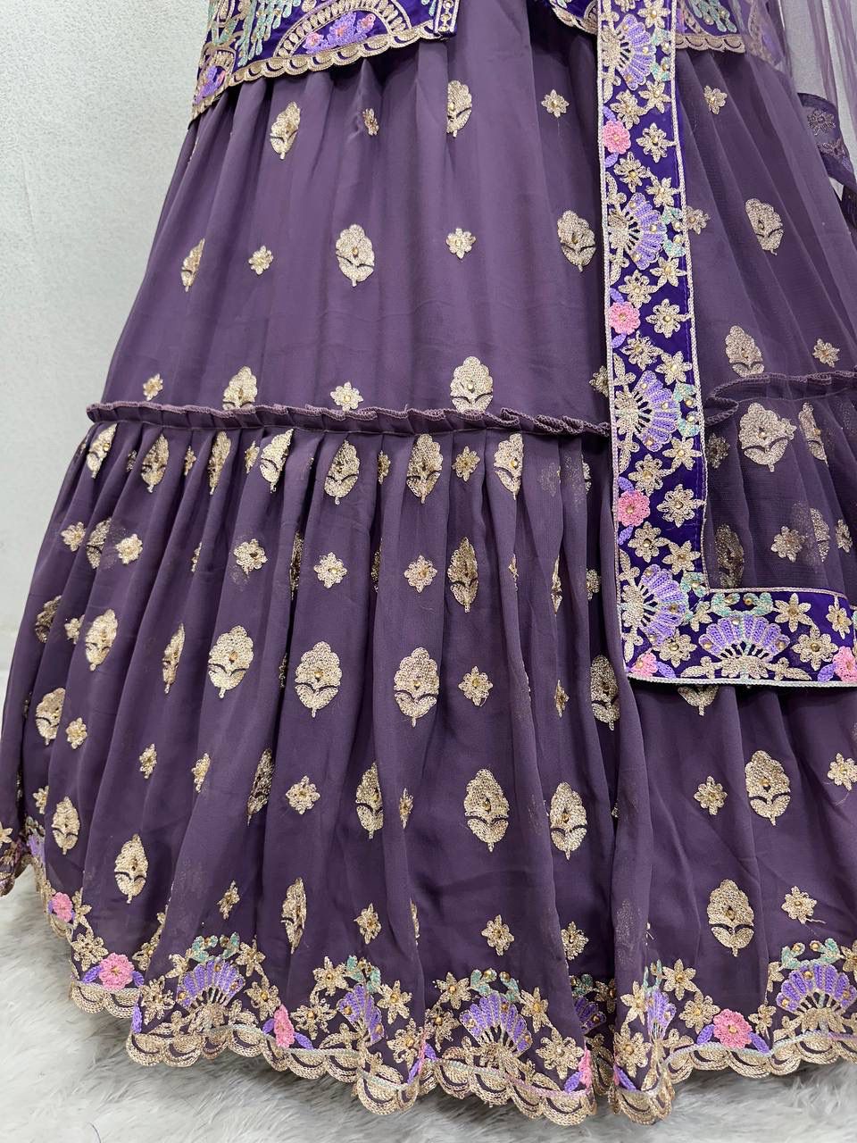 Purple Indo-Western Lehenga with Gold Embroidery & Mirror Detailing