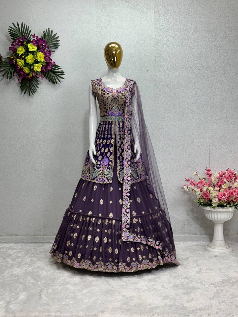 Purple Indo-Western Lehenga with Gold Embroidery & Mirror Detailing
