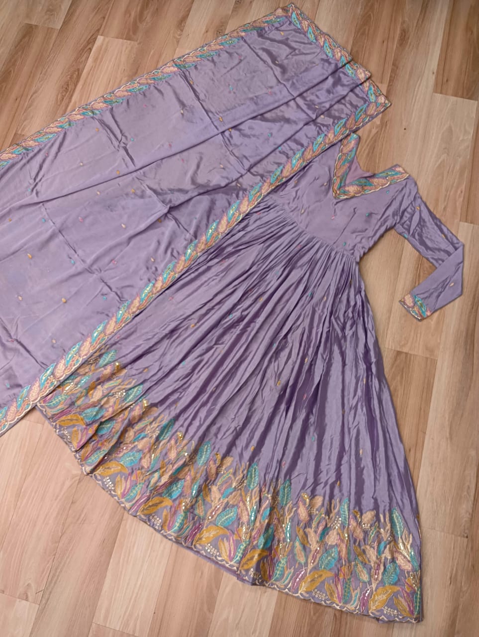 Lavender Sequins & Thread Embroidered Anarkali Gown with Dupatta