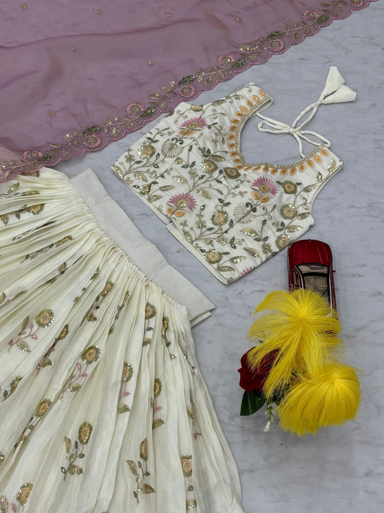 Off-White Chinon Lehenga with Gold Embroidery & Sequins Work