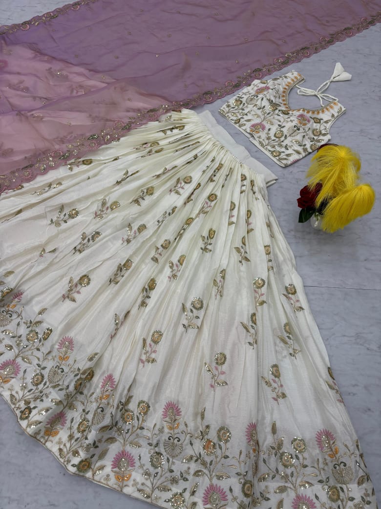Off-White Chinon Lehenga with Gold Embroidery & Sequins Work