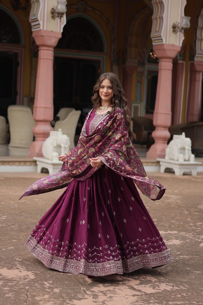 Sequinned Anarkali Gown Set with Kalamkari Dupatta – Available in Red, Purple & Wine ✨