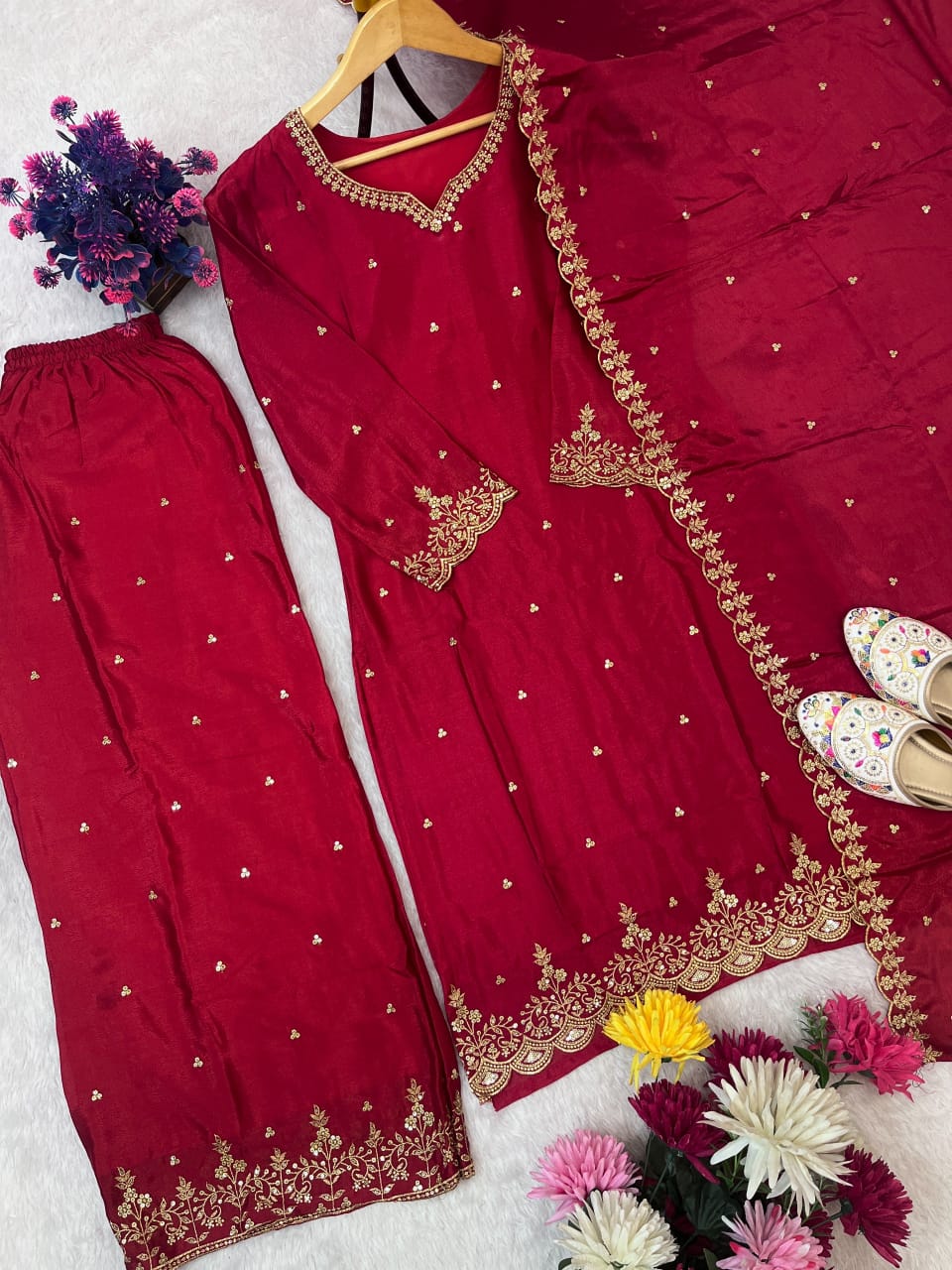 White Chinon Silk Embroidered Sequins Palazzo Set with Dupatta – Festival Collection ✨