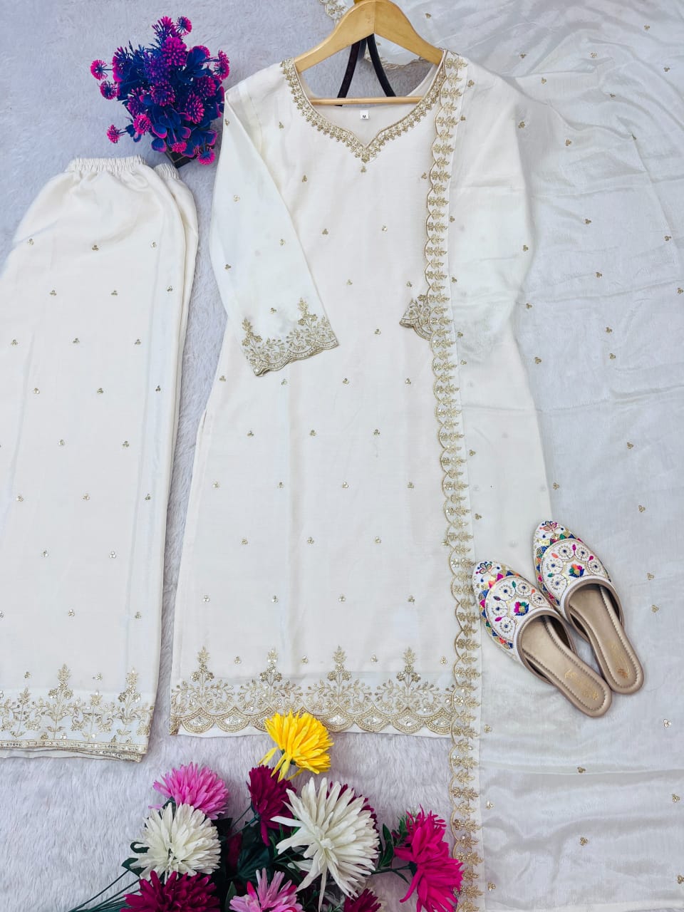 White Chinon Silk Embroidered Sequins Palazzo Set with Dupatta – Festival Collection ✨
