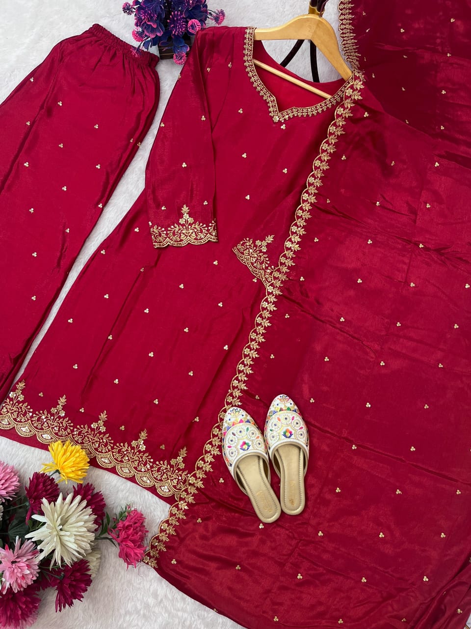 White Chinon Silk Embroidered Sequins Palazzo Set with Dupatta – Festival Collection ✨