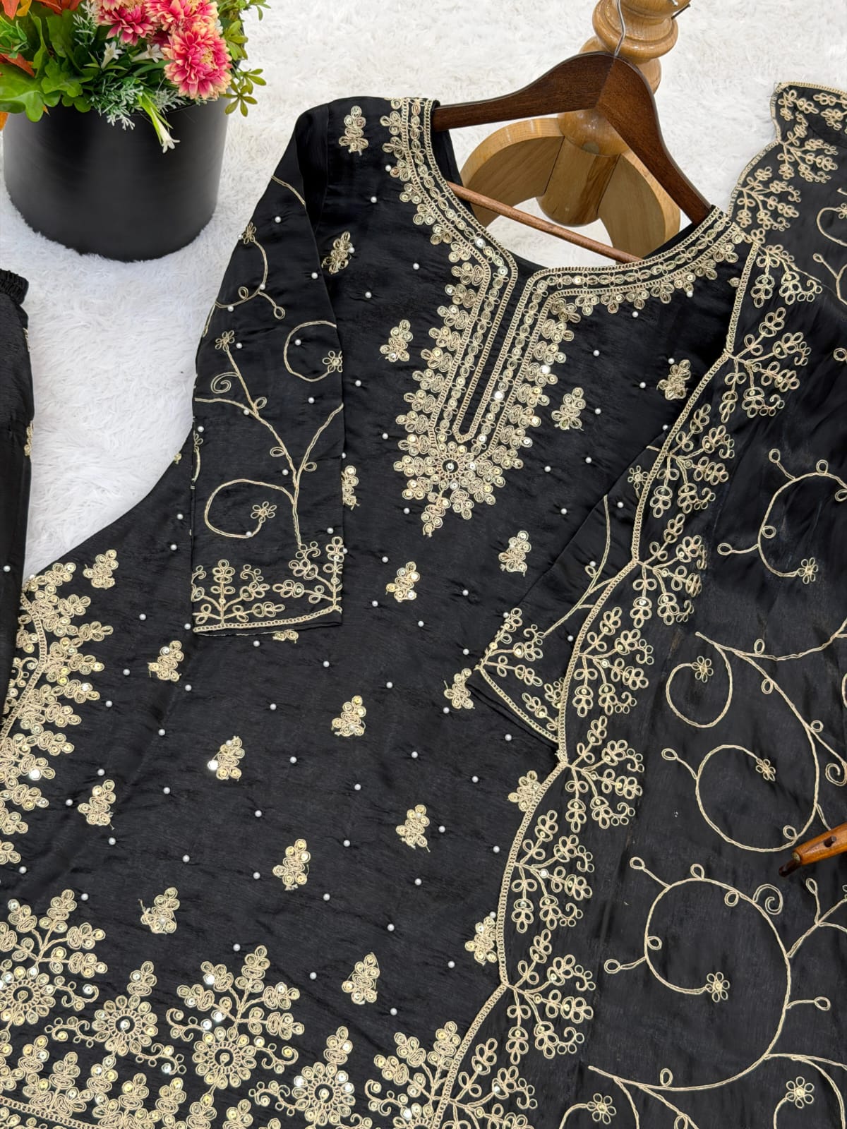 Black Designer Embroidered Silk Top & Palazzo Set | Ready-to-Wear