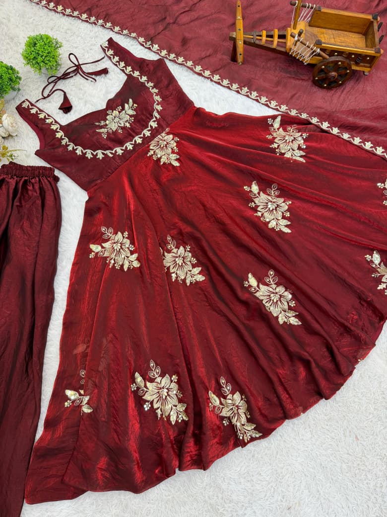Red Embroidered Gown & Sharara Set with Dupatta | Full Flair Occasion Wear