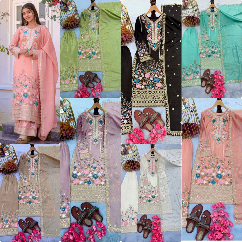 Embroidered Chinon Silk Top & Palazzo Set with Dupatta