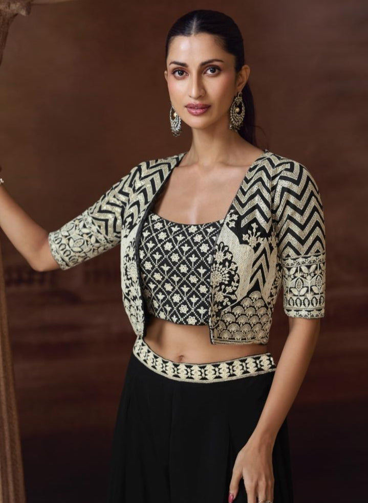 Black Silky Luxe Palazzo & Embroidered Jacket Co-Ord Set (3 Piece)
