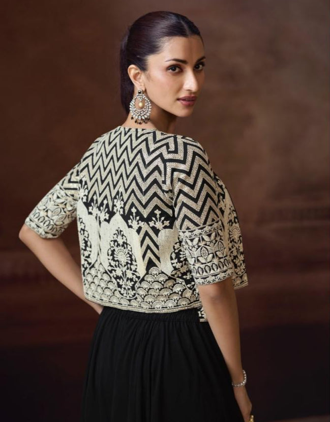 Black Silky Luxe Palazzo & Embroidered Jacket Co-Ord Set (3 Piece)