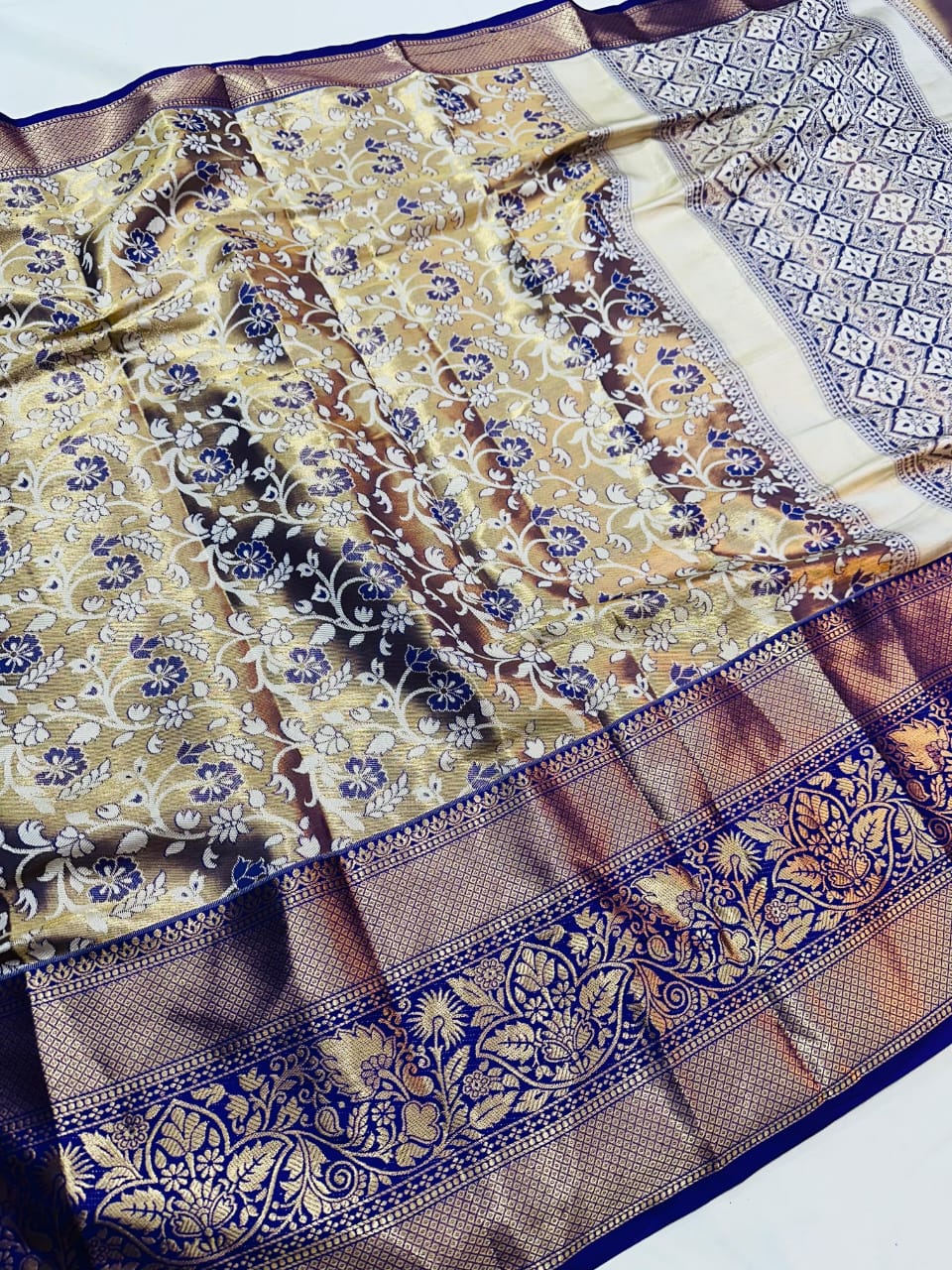 Semi Kanjivaram Silk Weaving Saree with Rich Gold Zari Pallu - Brocade Blouse