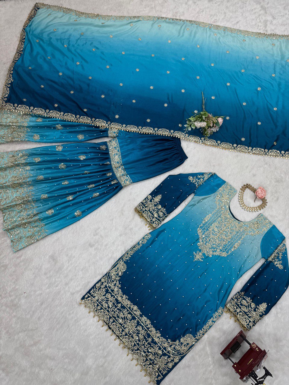 Dual-Colour Palazzo Set with Sequins & Moti Work