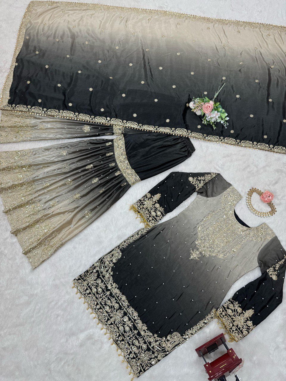 Dual-Colour Palazzo Set with Sequins & Moti Work