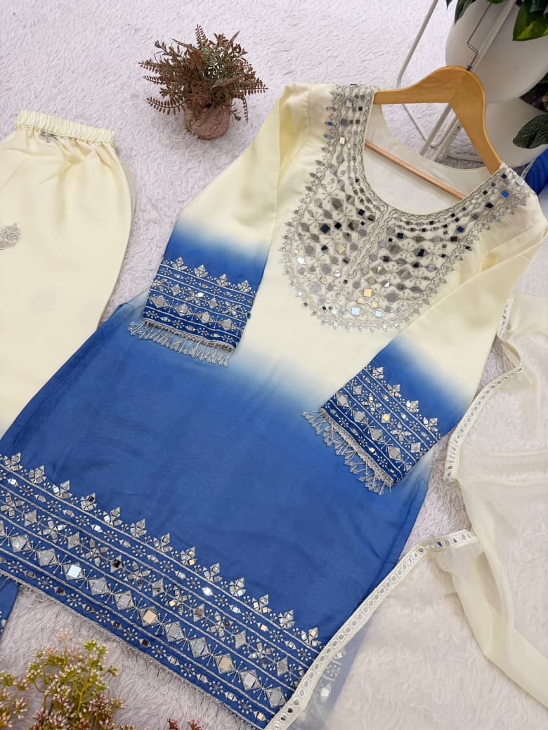 Blue and Pink Mirror Embroidered Palazzo Set with Dupatta