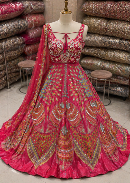 Fuchsia Peacock Embroidered Bridal Lehenga with Intricate Stone & Bead Work