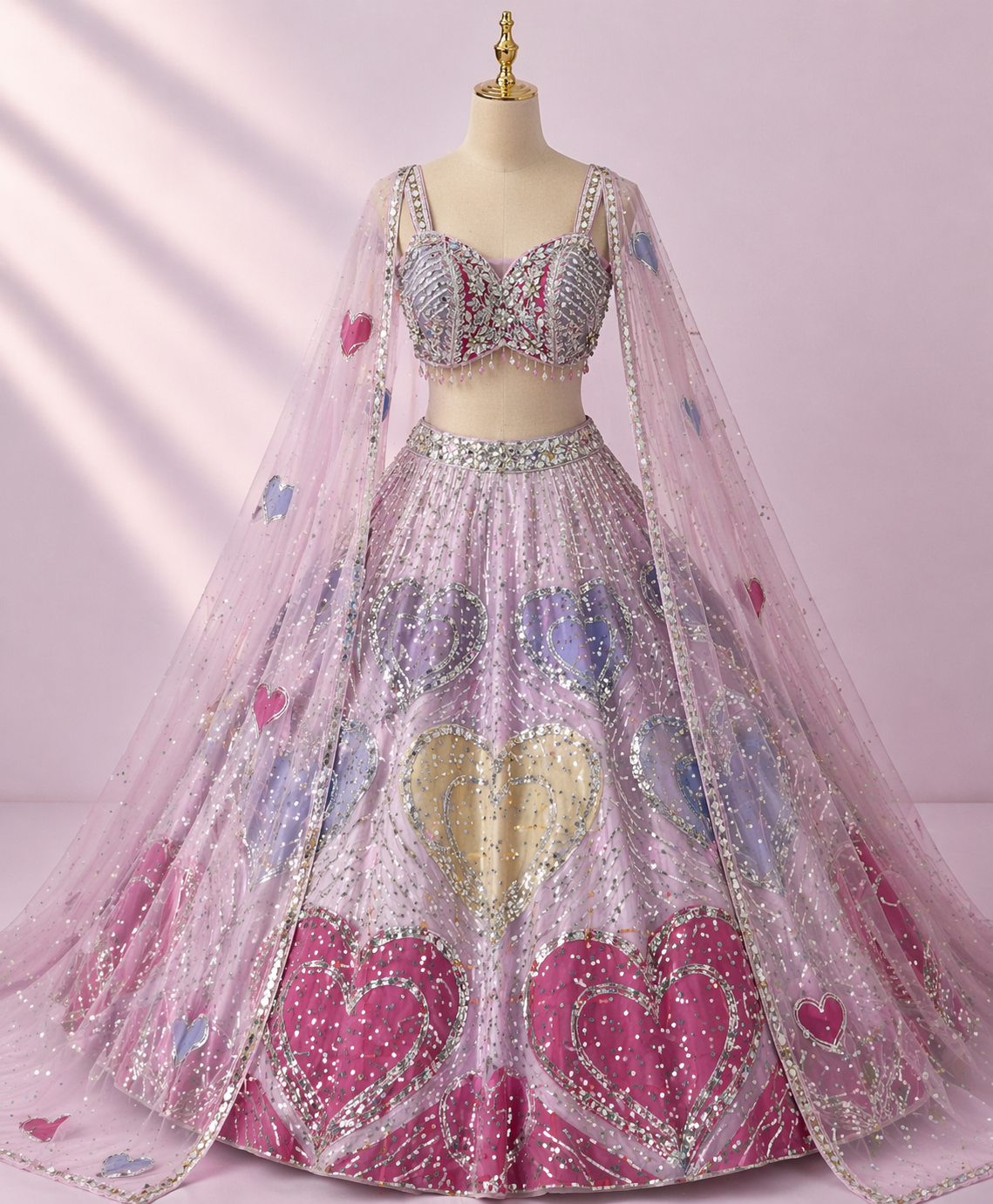 Pastel Heart Embroidered Bridal Lehenga with Intricate Stone & Bead Work
