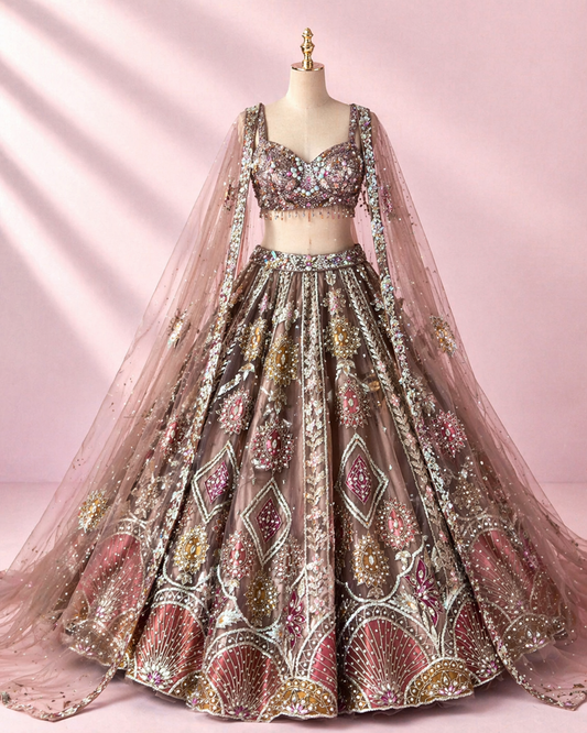 Rust Brown Embroidered Bridal Lehenga with Intricate Stone & Bead Work