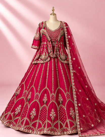 Fuchsia Red Bridal Garara with Peplum Top with Intricate Gold Embroidery, Stone & Bead Work