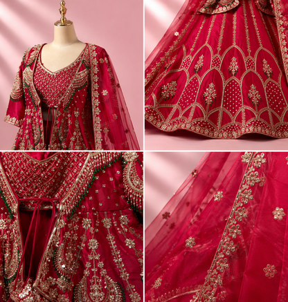 Fuchsia Red Bridal Garara with Peplum Top with Intricate Gold Embroidery, Stone & Bead Work