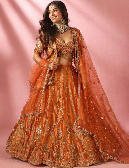 Burned Orange Bridal Garara with Peplum Top with Intricate Gold Embroidery, Stone & Bead Work