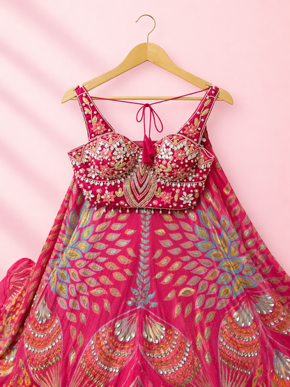 Fuchsia Peacock Embroidered Bridal Lehenga with Intricate Stone & Bead Work